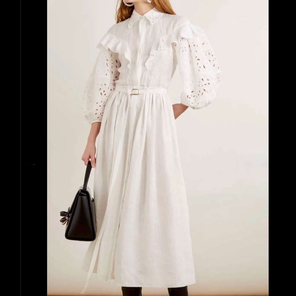 Belted Ruffled Broderie Anglaise Linen
Maxi Dress - White